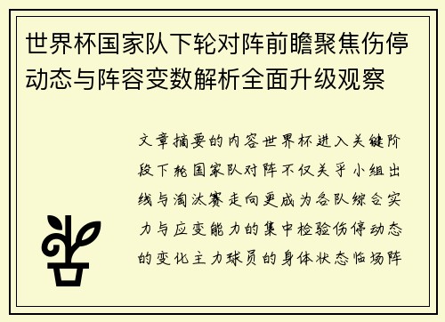 世界杯国家队下轮对阵前瞻聚焦伤停动态与阵容变数解析全面升级观察